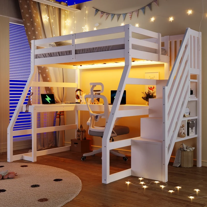 Letto a soppalco 90x200 in legno con scrivania; scala contenitore e LED; bianco