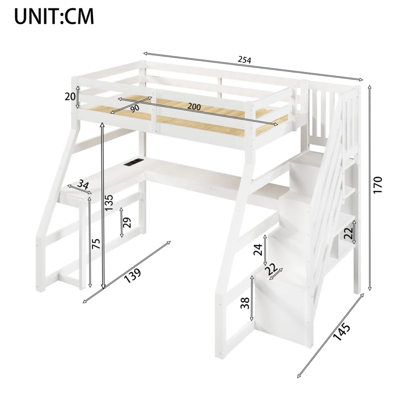 Letto a soppalco 90x200 in legno con scrivania; scala contenitore e LED; bianco