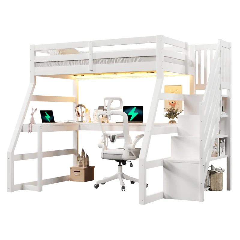 Letto a soppalco 90x200 in legno con scrivania; scala contenitore e LED; bianco