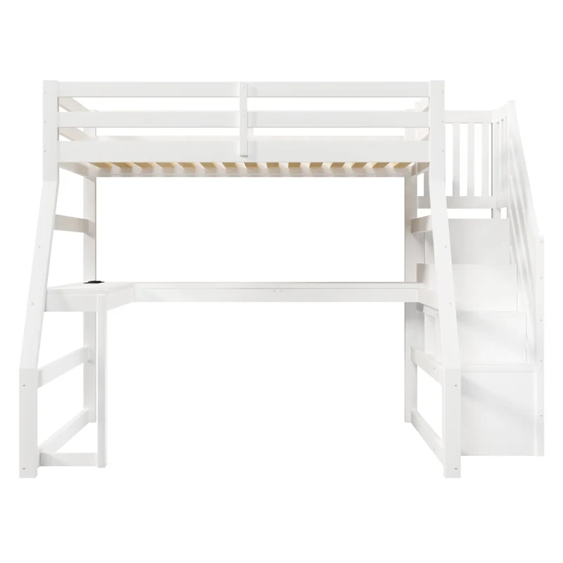 Letto a soppalco 90x200 in legno con scrivania; scala contenitore e LED; bianco