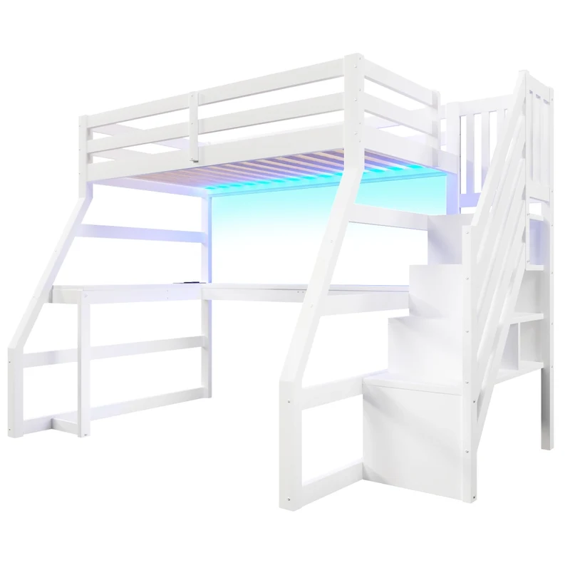 Letto a soppalco 90x200 in legno con scrivania; scala contenitore e LED; bianco