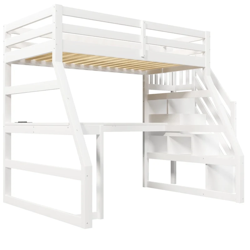 Letto a soppalco 90x200 in legno con scrivania; scala contenitore e LED; bianco