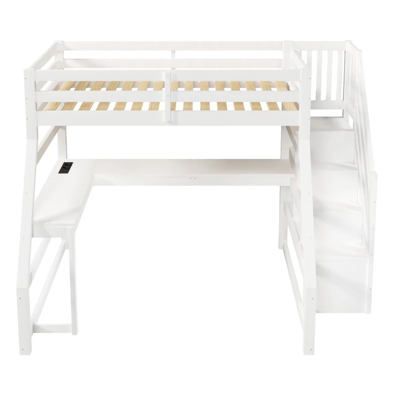 Letto a soppalco 90x200 in legno con scrivania; scala contenitore e LED; bianco