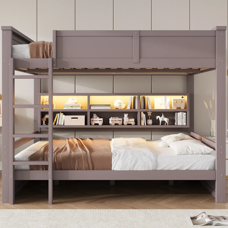 Letto a castello 160x200 cm con 6 armadietti e illuminazione LED in pino e MDF marrone