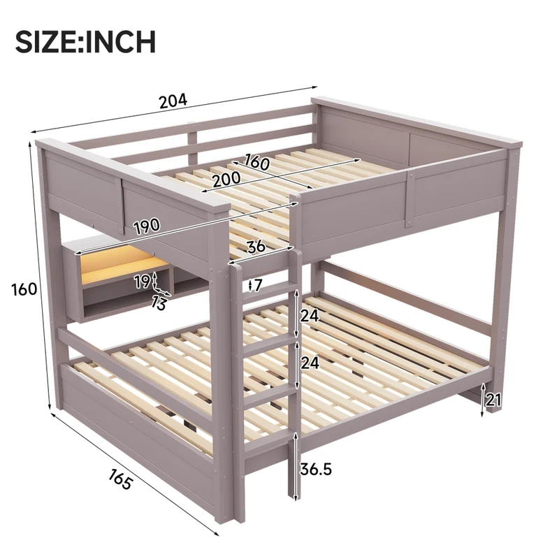 Letto a castello 160x200 cm con 6 armadietti e illuminazione LED in pino e MDF marrone