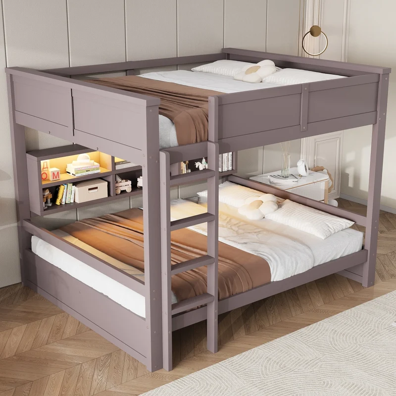 Letto a castello 160x200 cm con 6 armadietti e illuminazione LED in pino e MDF marrone