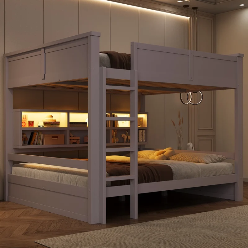 Letto a castello 160x200 cm con 6 armadietti e illuminazione LED in pino e MDF marrone