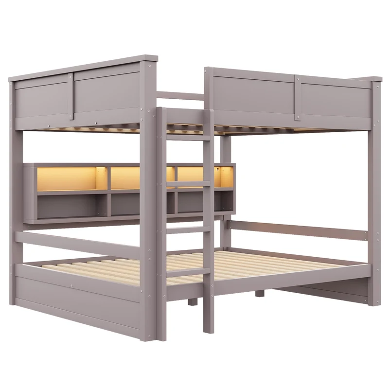 Letto a castello 160x200 cm con 6 armadietti e illuminazione LED in pino e MDF marrone