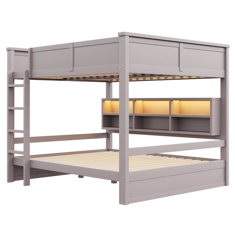 Letto a castello 160x200 cm con 6 armadietti e illuminazione LED in pino e MDF marrone
