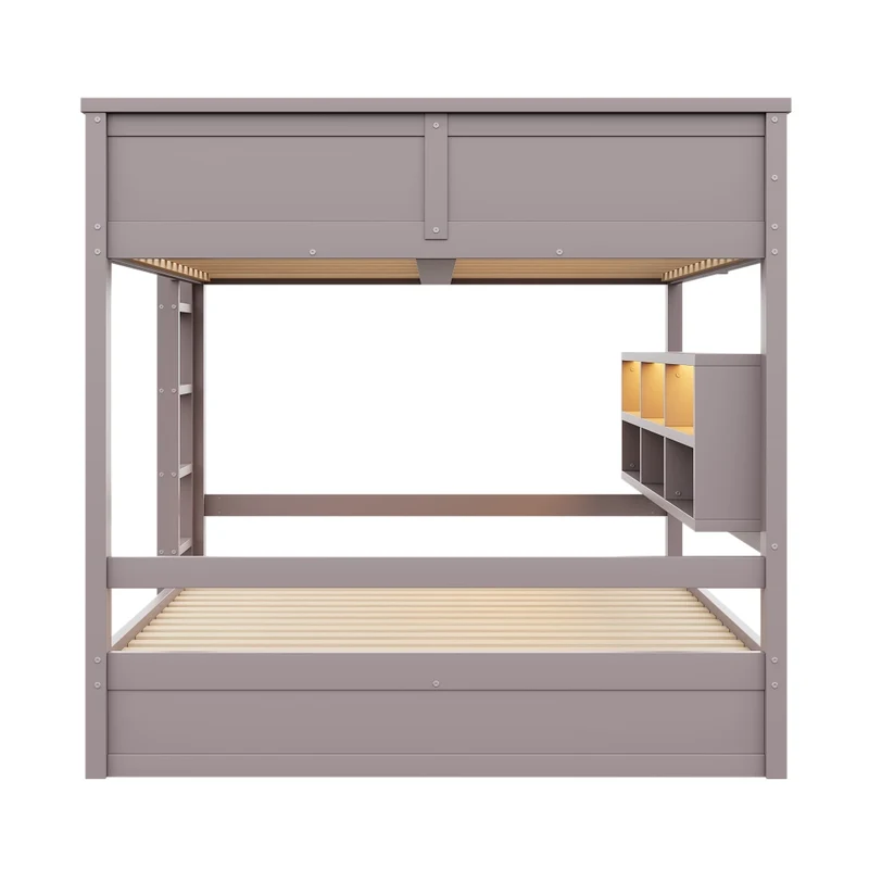 Letto a castello 160x200 cm con 6 armadietti e illuminazione LED in pino e MDF marrone