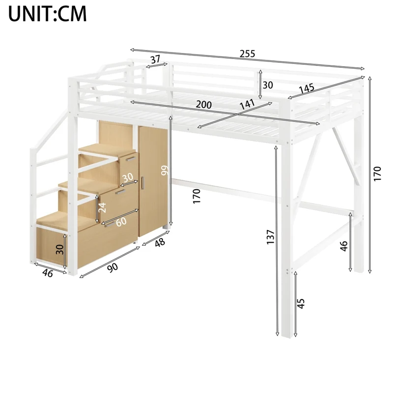 Letto a soppalco 140x200 cm in metallo bianco con armadio; vani contenitore; scala e illuminazione LED