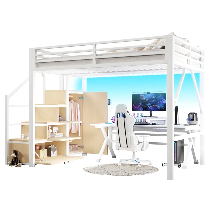 Letto a soppalco 140x200 cm in metallo bianco con armadio; vani contenitore; scala e illuminazione LED
