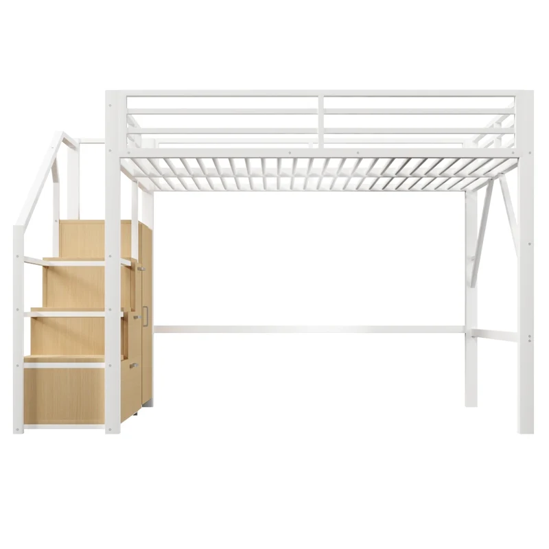 Letto a soppalco 140x200 cm in metallo bianco con armadio; vani contenitore; scala e illuminazione LED