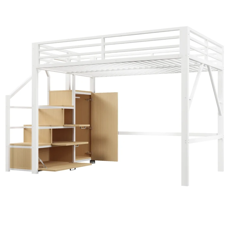 Letto a soppalco 140x200 cm in metallo bianco con armadio; vani contenitore; scala e illuminazione LED