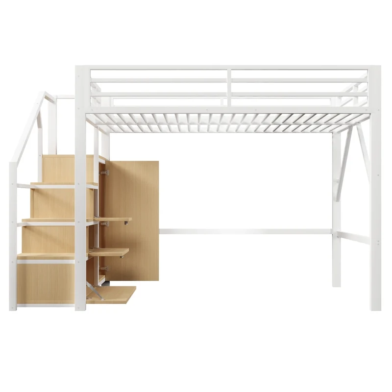 Letto a soppalco 140x200 cm in metallo bianco con armadio; vani contenitore; scala e illuminazione LED