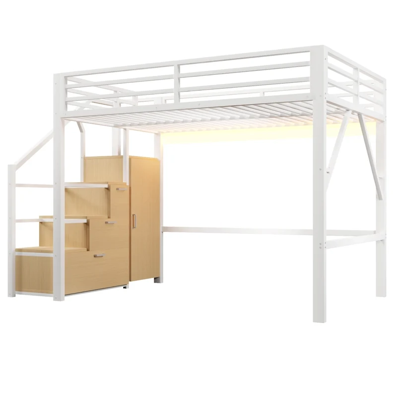 Letto a soppalco 140x200 cm in metallo bianco con armadio; vani contenitore; scala e illuminazione LED