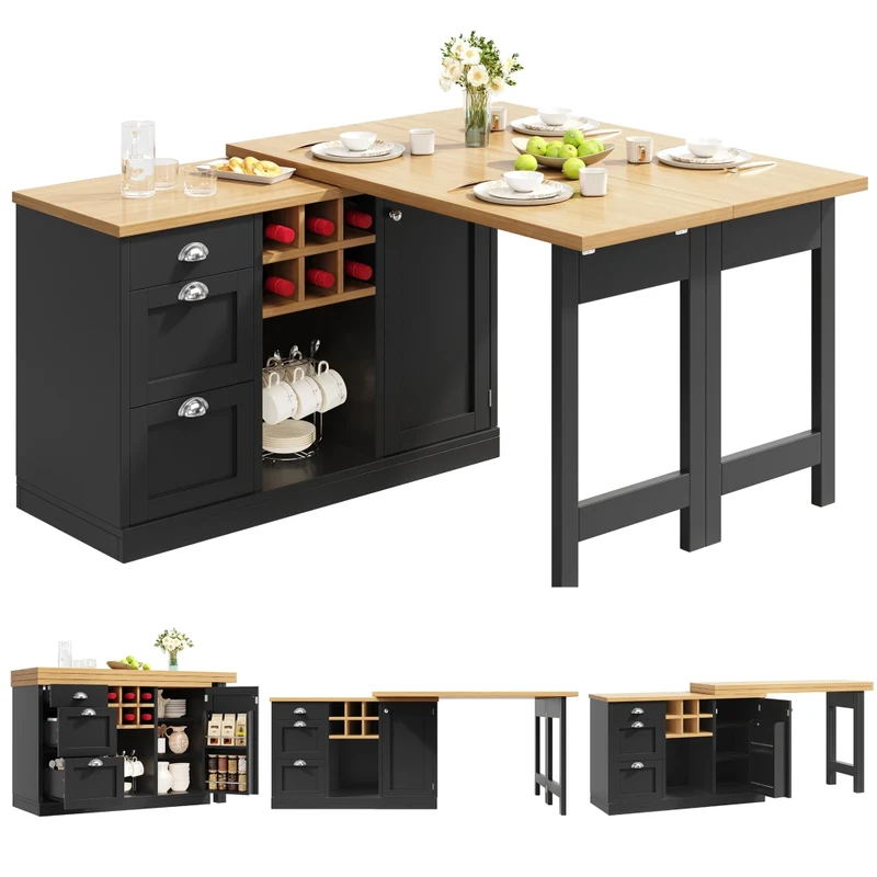 Tavolo da pranzo allungabile nero 118–158 x 118 x 76 cm con contenitore nascosto in MDF e metallo