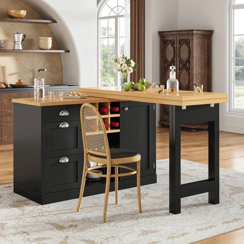 Tavolo da pranzo allungabile nero 118–158 x 118 x 76 cm con contenitore nascosto in MDF e metallo
