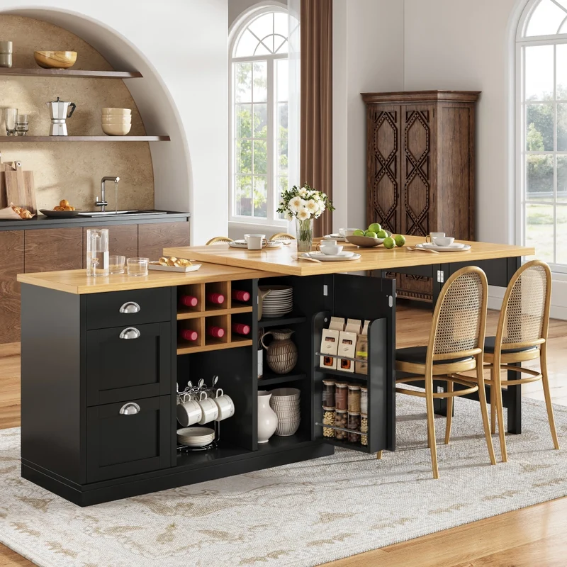 Tavolo da pranzo allungabile nero 118–158 x 118 x 76 cm con contenitore nascosto in MDF e metallo