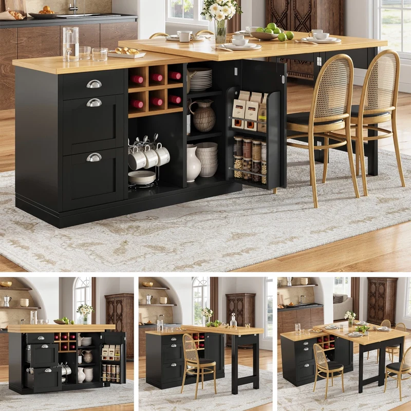 Tavolo da pranzo allungabile nero 118–158 x 118 x 76 cm con contenitore nascosto in MDF e metallo