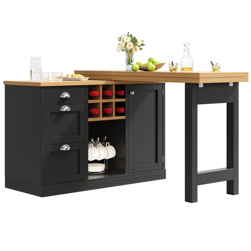 Tavolo da pranzo allungabile nero 118–158 x 118 x 76 cm con contenitore nascosto in MDF e metallo
