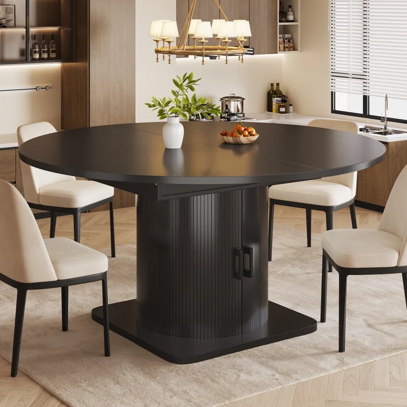 Isola cucina estensibile da 120 a 194 cm; piano girevole a 360°; MDF nero con ante in vetro