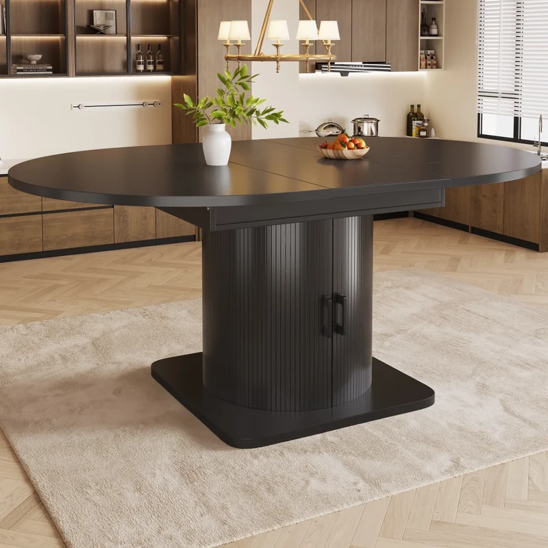 Isola cucina estensibile da 120 a 194 cm; piano girevole a 360°; MDF nero con ante in vetro