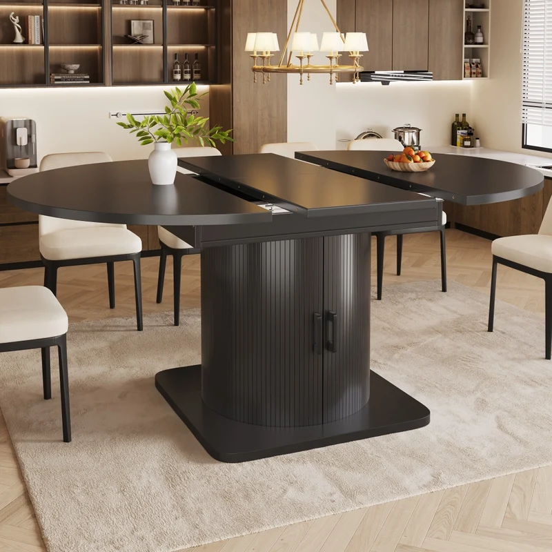 Isola cucina estensibile da 120 a 194 cm; piano girevole a 360°; MDF nero con ante in vetro