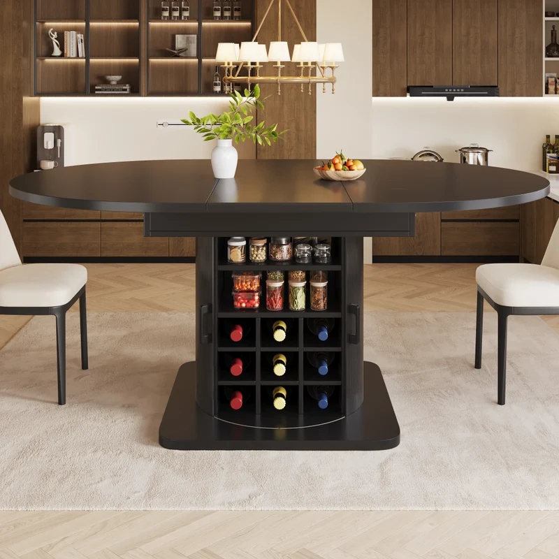 Isola cucina estensibile da 120 a 194 cm; piano girevole a 360°; MDF nero con ante in vetro