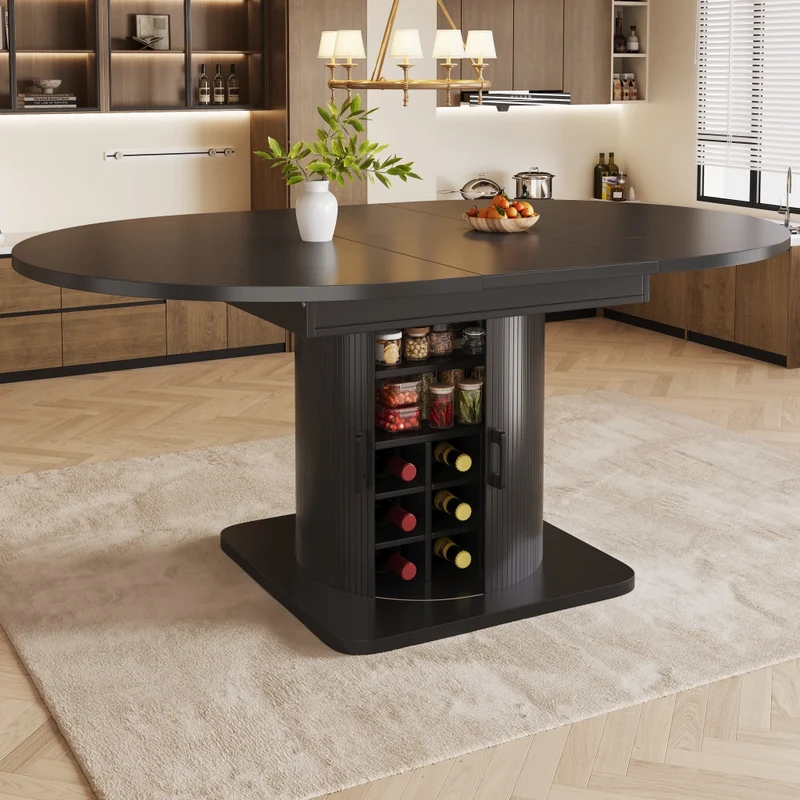 Isola cucina estensibile da 120 a 194 cm; piano girevole a 360°; MDF nero con ante in vetro