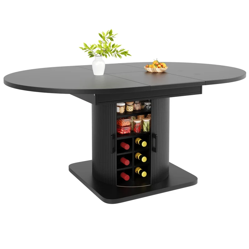 Isola cucina estensibile da 120 a 194 cm; piano girevole a 360°; MDF nero con ante in vetro