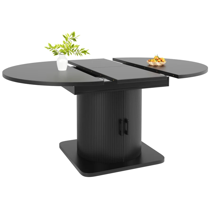 Isola cucina estensibile da 120 a 194 cm; piano girevole a 360°; MDF nero con ante in vetro