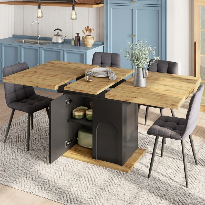 Tavolo da pranzo allungabile 110-140 x 80 x 76 cm con mobile contenitore; MDF nero e naturale