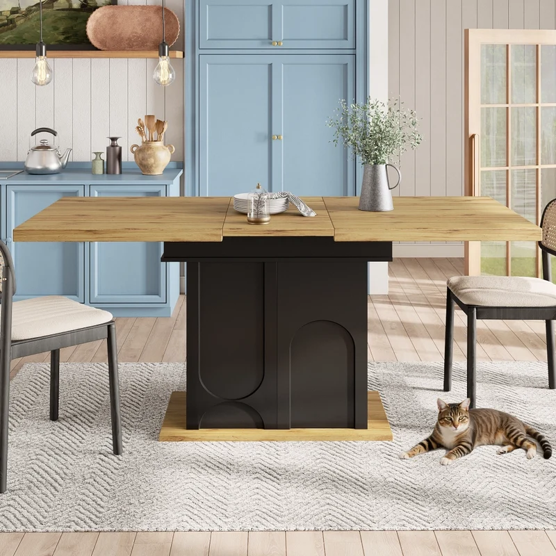 Tavolo da pranzo allungabile 110-140 x 80 x 76 cm con mobile contenitore; MDF nero e naturale