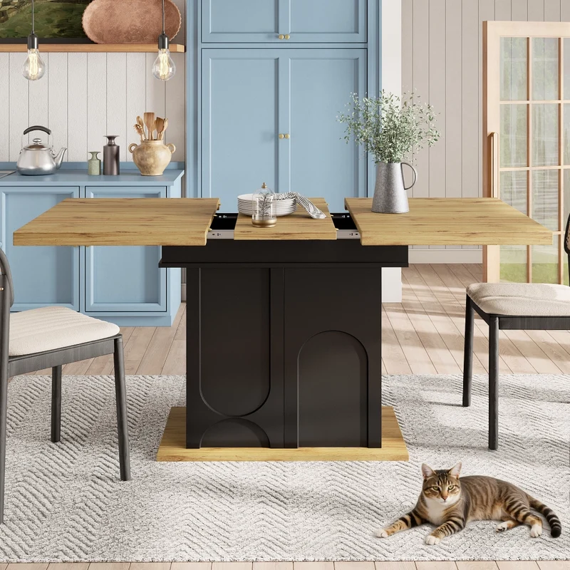 Tavolo da pranzo allungabile 110-140 x 80 x 76 cm con mobile contenitore; MDF nero e naturale