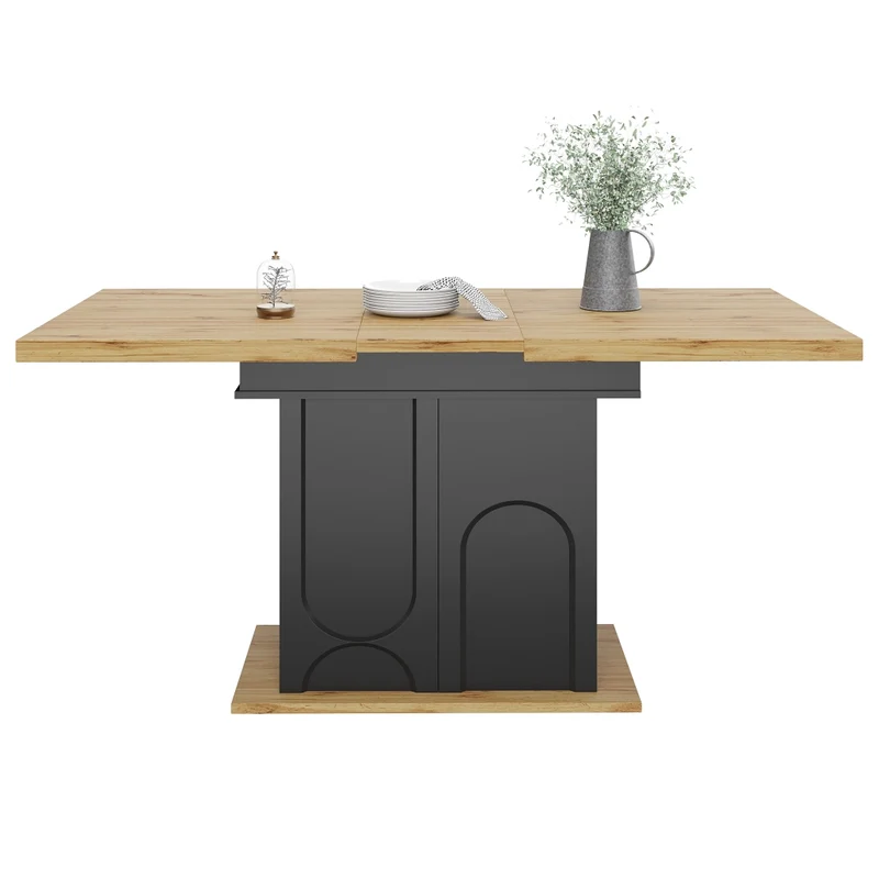Tavolo da pranzo allungabile 110-140 x 80 x 76 cm con mobile contenitore; MDF nero e naturale