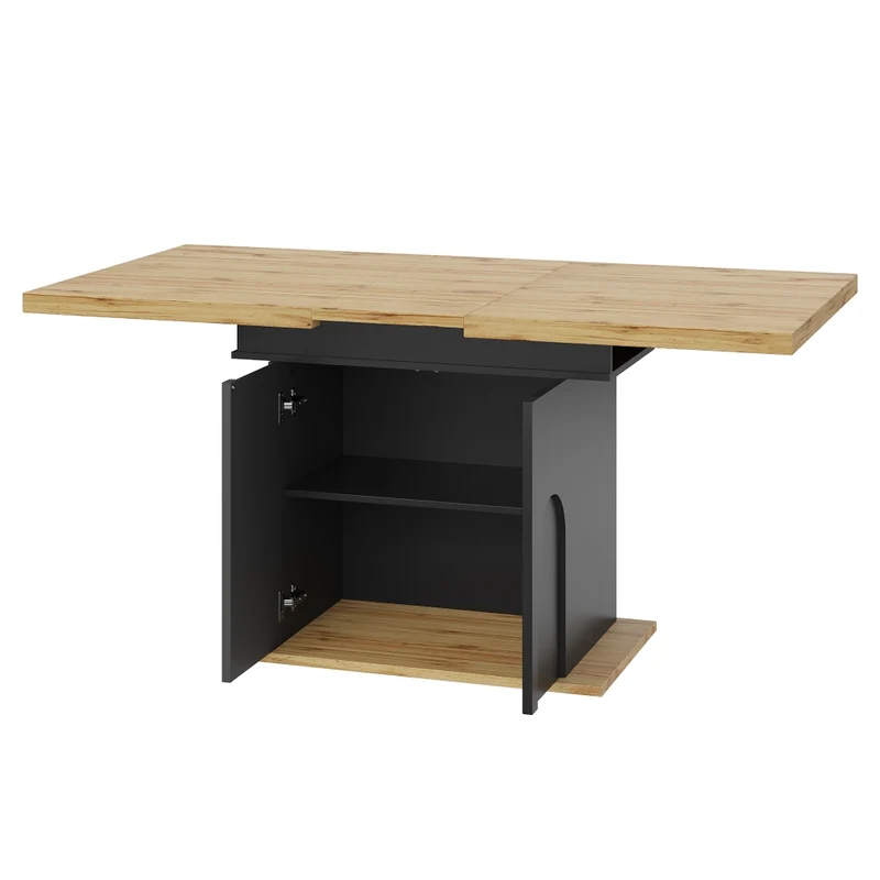 Tavolo da pranzo allungabile 110-140 x 80 x 76 cm con mobile contenitore; MDF nero e naturale