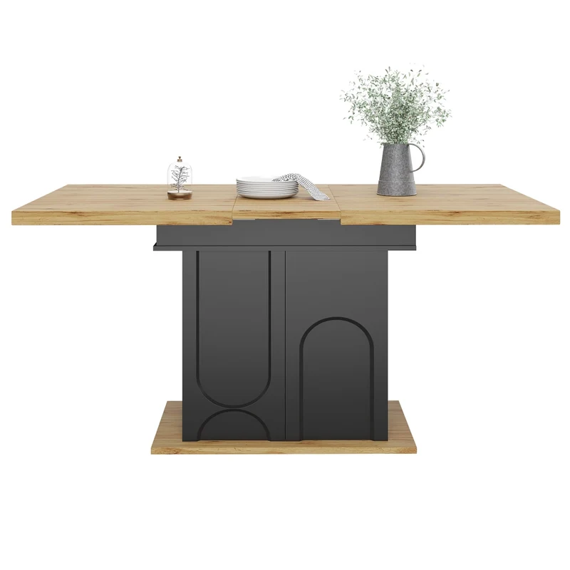 Tavolo da pranzo allungabile 110-140 x 80 x 76 cm con mobile contenitore; MDF nero e naturale