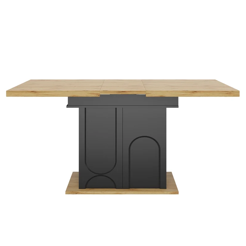 Tavolo da pranzo allungabile 110-140 x 80 x 76 cm con mobile contenitore; MDF nero e naturale