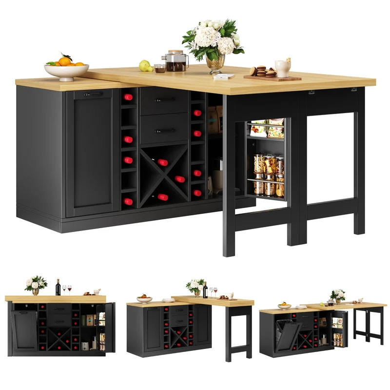 Isola cucina multifunzionale con tavolo integrato girevole 120-197 cm; MDF e metallo; nero