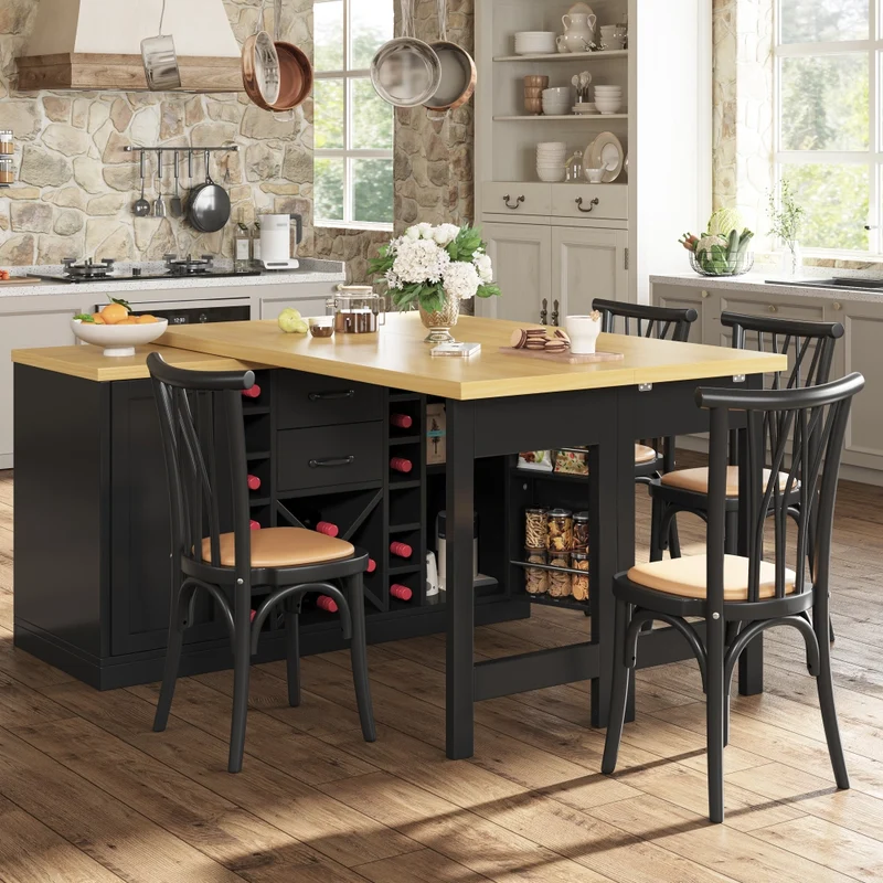 Isola cucina multifunzionale con tavolo integrato girevole 120-197 cm; MDF e metallo; nero