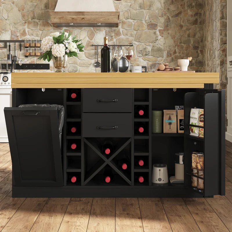 Isola cucina multifunzionale con tavolo integrato girevole 120-197 cm; MDF e metallo; nero