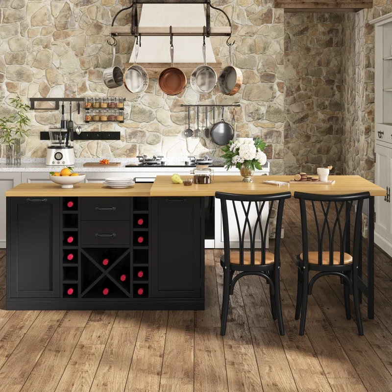 Isola cucina multifunzionale con tavolo integrato girevole 120-197 cm; MDF e metallo; nero