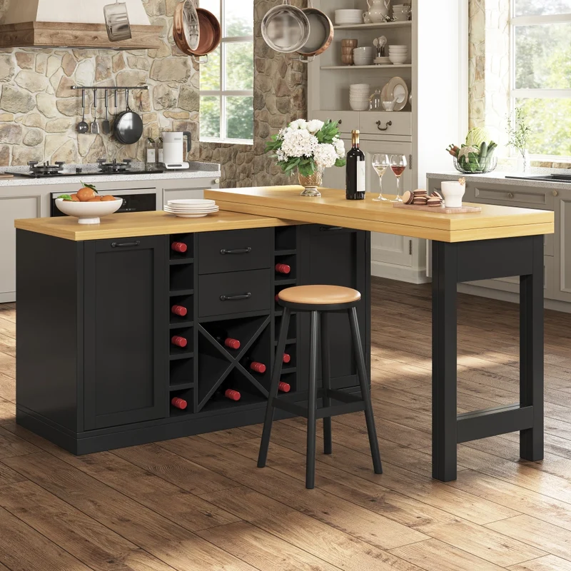 Isola cucina multifunzionale con tavolo integrato girevole 120-197 cm; MDF e metallo; nero