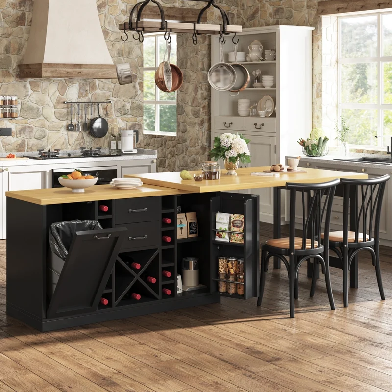 Isola cucina multifunzionale con tavolo integrato girevole 120-197 cm; MDF e metallo; nero