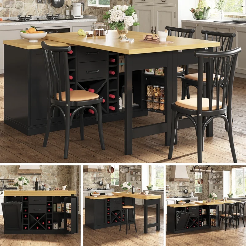 Isola cucina multifunzionale con tavolo integrato girevole 120-197 cm; MDF e metallo; nero