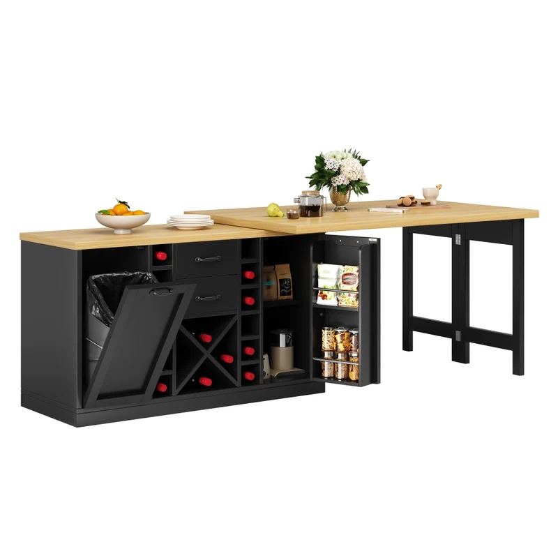 Isola cucina multifunzionale con tavolo integrato girevole 120-197 cm; MDF e metallo; nero