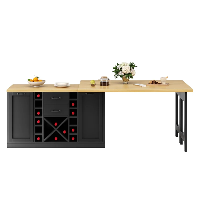 Isola cucina multifunzionale con tavolo integrato girevole 120-197 cm; MDF e metallo; nero