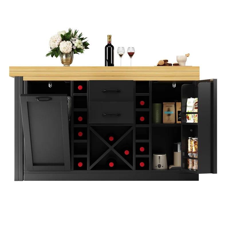 Isola cucina multifunzionale con tavolo integrato girevole 120-197 cm; MDF e metallo; nero