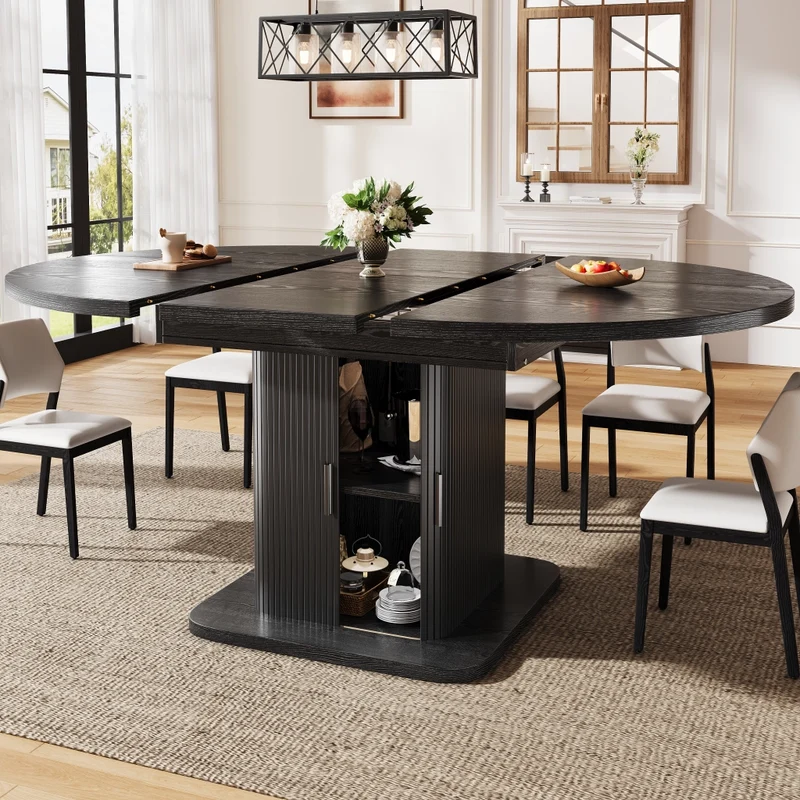 Isola cucina con tavolo girevole 120-223 cm in MDF e metallo; bianca con piano effetto rovere